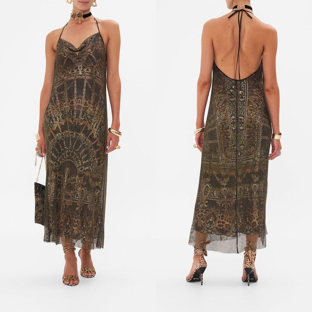 NWT Camilla Bias Halter Crystal Mesh Maxi Dress Maskmoonlight Size XL $1999